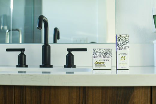 Apothesea products sitting on bathroom countertop