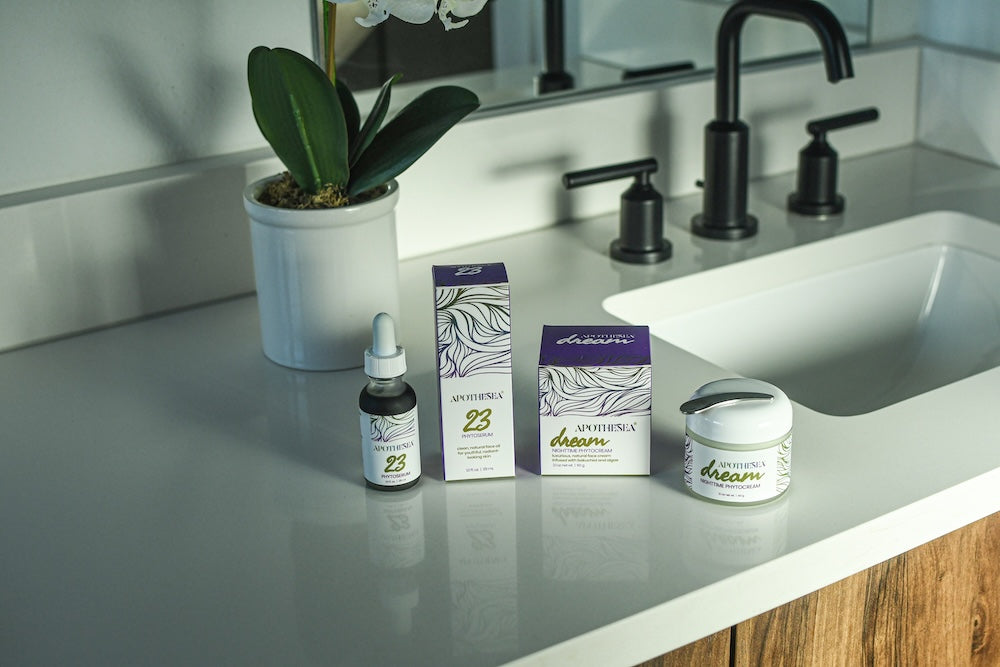 Apothesea's Product Lineup on Bathroom Countertop