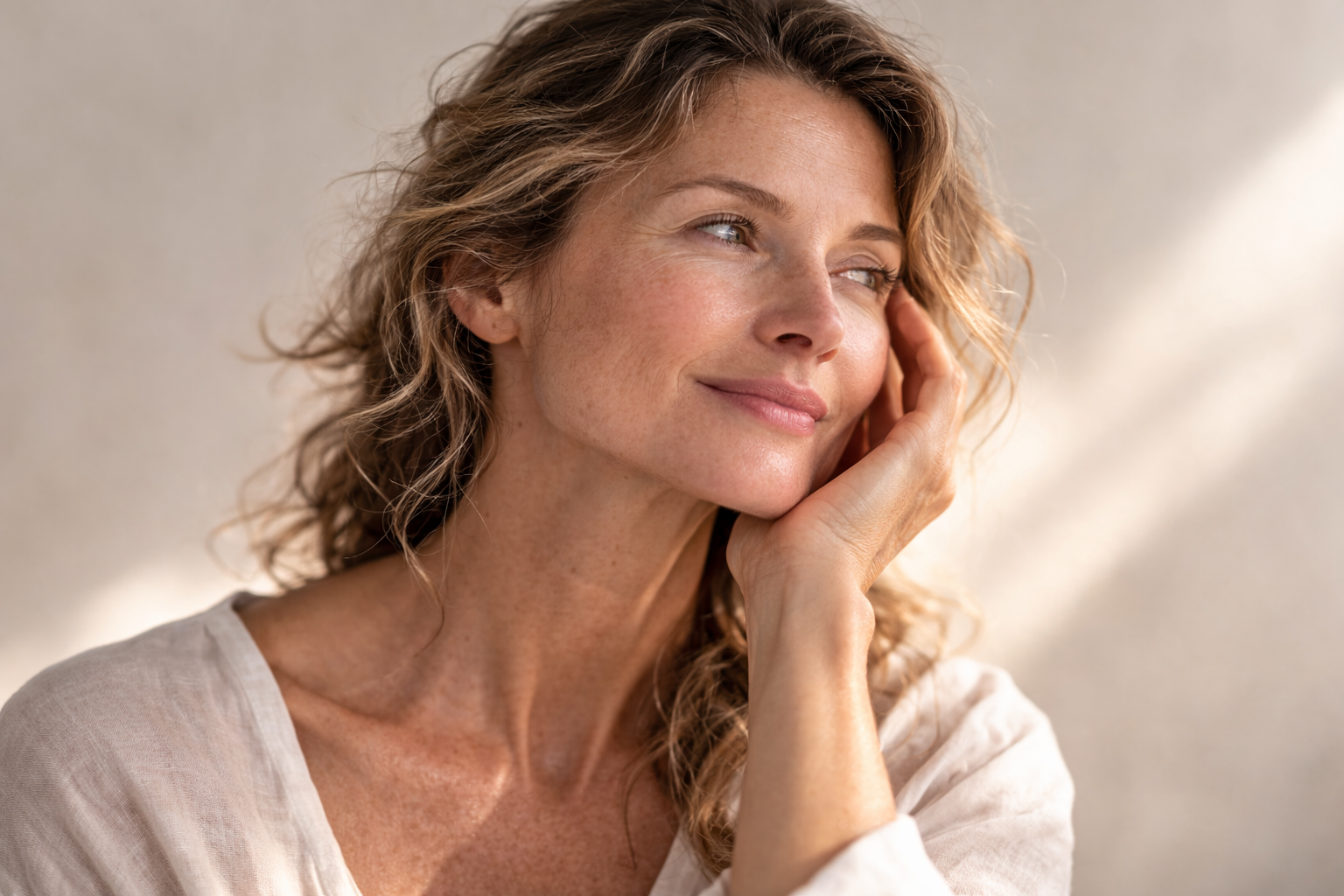 Middle Aged Woman with Hand on Face looking away