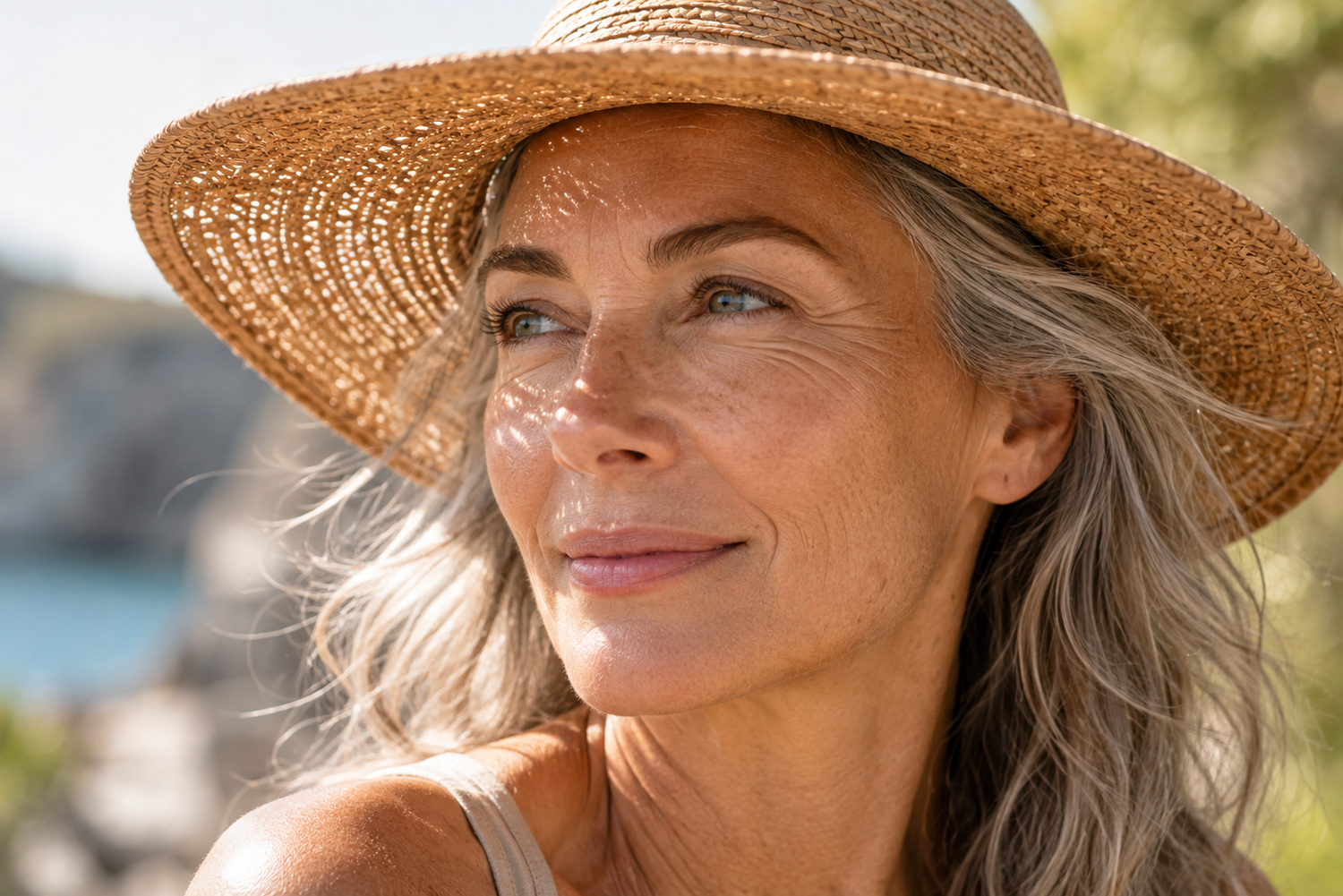 Woman with grey hair and sun hat looking away outdoors
