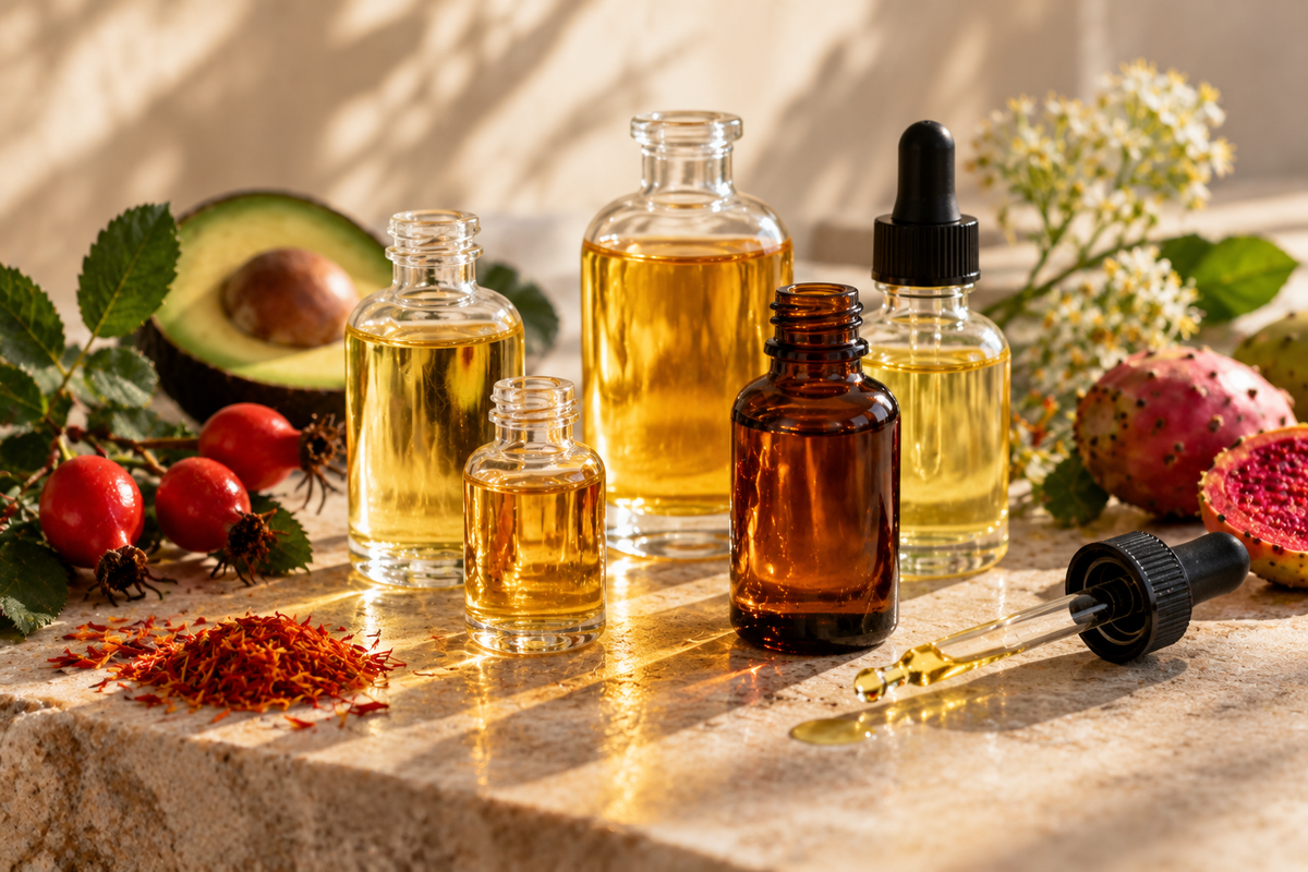 Natural oils in glass bottles surrounded by botanicals