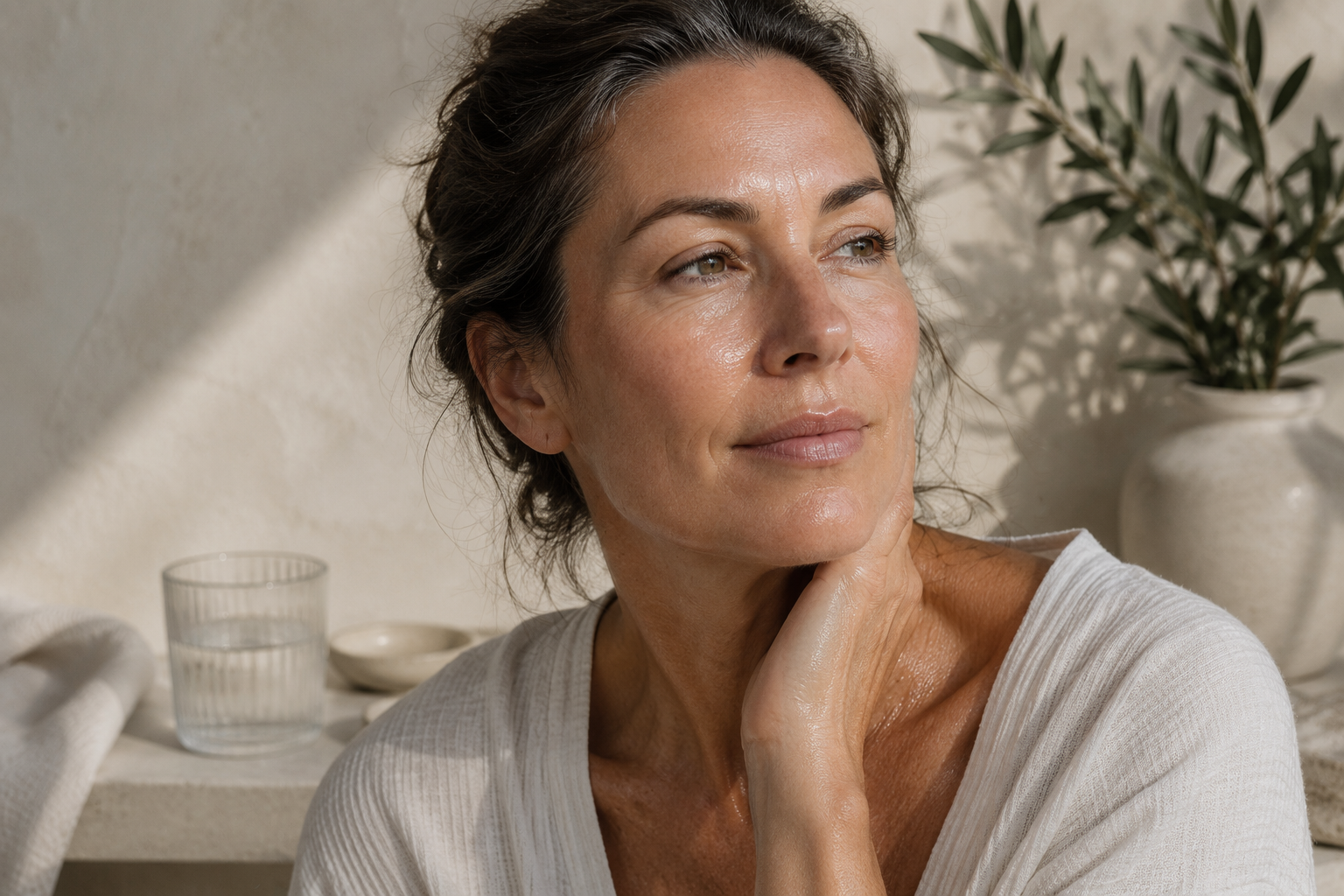 Woman with hand on neck with oily skin, greenery and water in background'