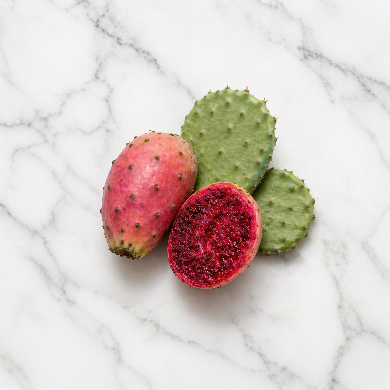 Prickly Pear Cactus fruit open on white marble surface